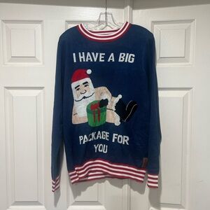 TIPSY ELVES Sweater‎ Mens Large UGLY CHRISTMAS Big Package Santa Present